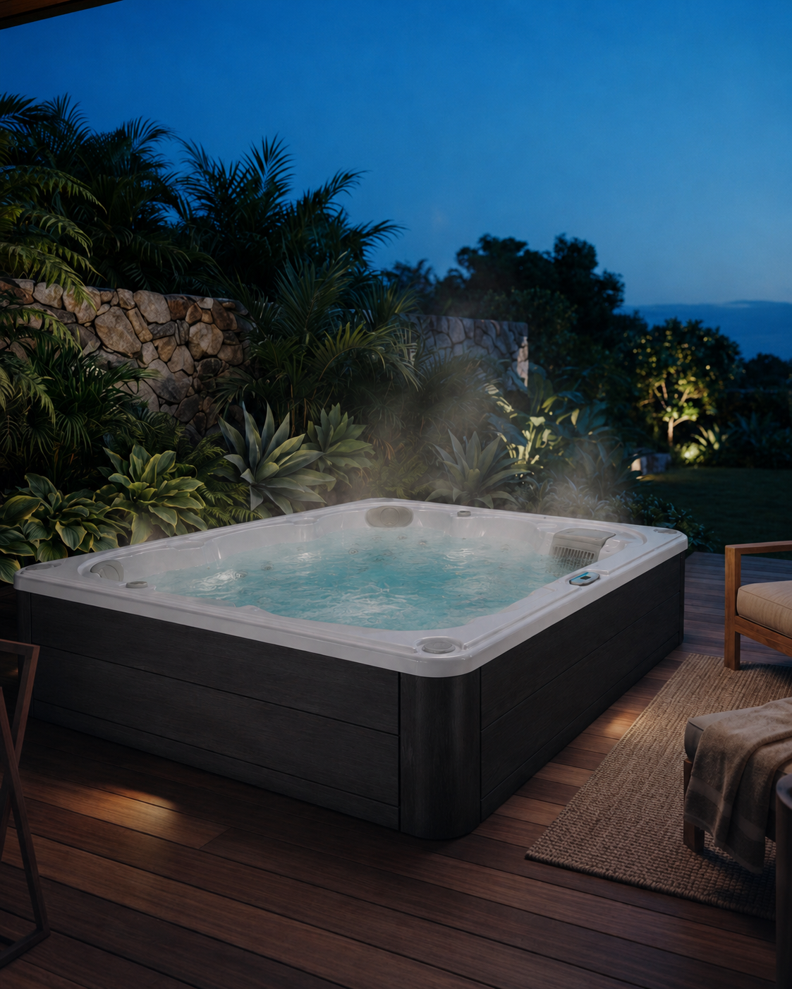 Spa extérieur moderne installé sur une terrasse en bois au crépuscule